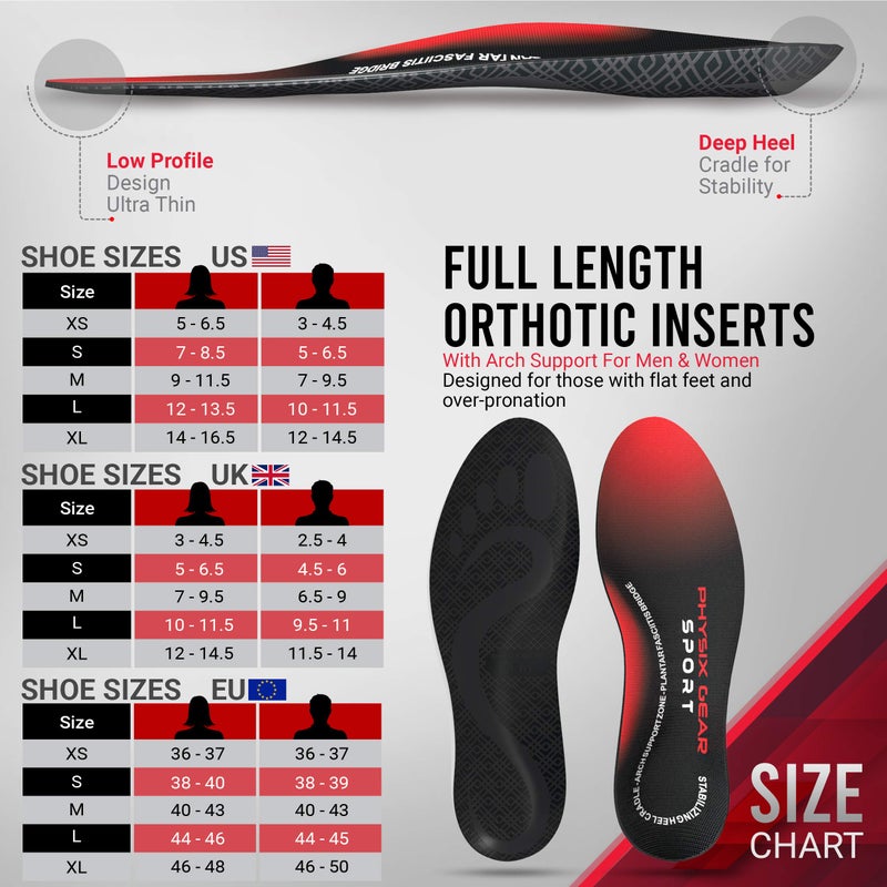 Physix Gear Sport Physix Gear Orthotic Insoles for Men & Women - Arch Support Orthotics Insole, Orthopedic Insoles, Inserts for Men & Women, Foot Insoles for Plantar Fasciitis Comfort, Shoe Insert, Feet, Red/Black, XS - Image 2